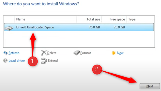 Selectați unitatea pe care doriți să instalați Windows.