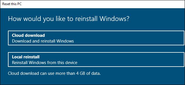 Selecione "Download na nuvem" ou "Reinstalação local".