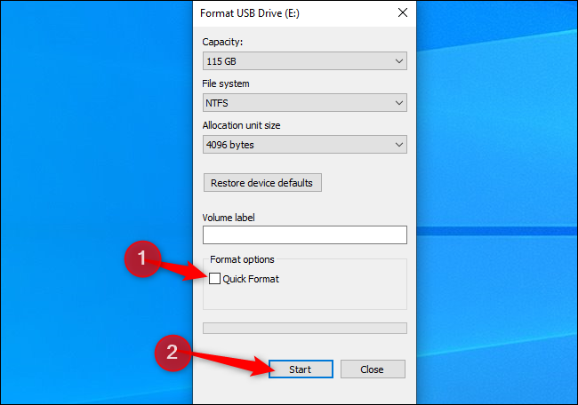 Décochez "Formatage rapide" et cliquez sur "Démarrer".