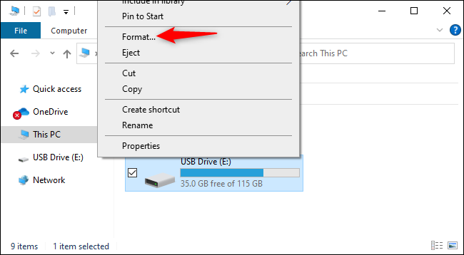 Kliknij dysk prawym przyciskiem myszy i wybierz „Formatuj”.