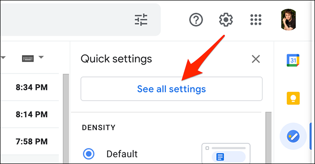 Выберите «Просмотреть все настройки» в меню «Настройки» в Gmail.