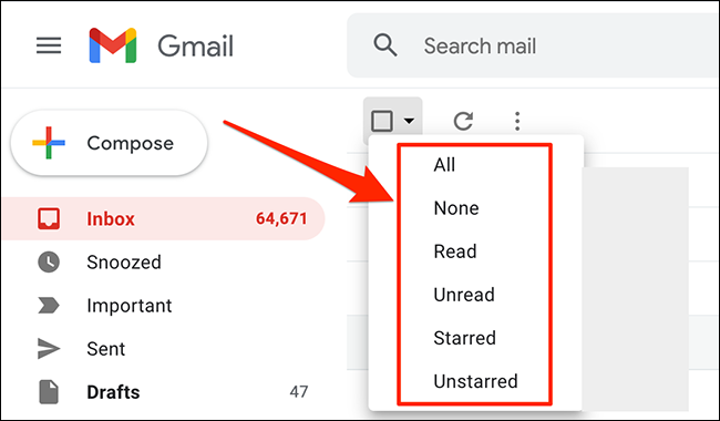 Selecione e-mails por status no Gmail.