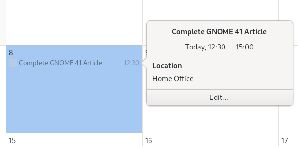 Riepilogo della piccola finestra di dialogo del calendario di GNOME