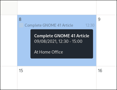 Resumo da dica de ferramenta do calendário do GNOME