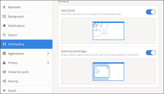 Página de configurações de multitarefa do GNOME