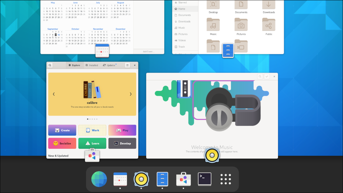 Desktop GNOME 41 în modul de prezentare generală