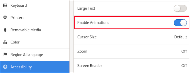 「アニメーションを有効にする」オプションが強調表示されたGNOMEアクセシビリティ設定ページ