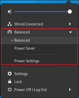 Menu di stato di GNOME con le opzioni di alimentazione evidenziate