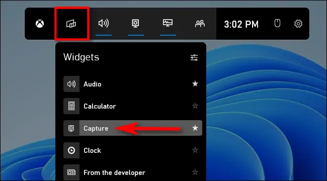 Faceți clic pe butonul „Widget-uri”, apoi selectați „Captură”.