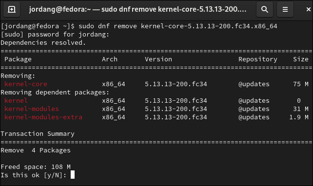 ลบเคอร์เนลในเทอร์มินัล Fedora Linux