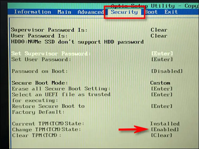 В меню «Безопасность» вашего UEFI найдите «TPM» и «Включено».