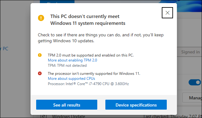 La aplicación PC Health Check dice que una PC actualmente no cumple con los requisitos mínimos de Windows 11.