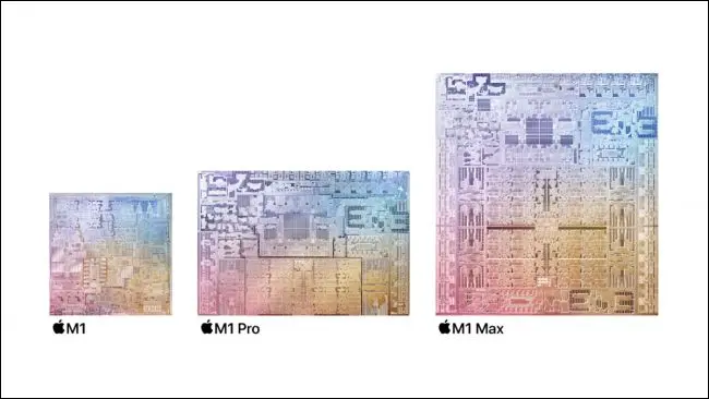 Chipy Apple M1, M1 Pro i M1 Max obok siebie