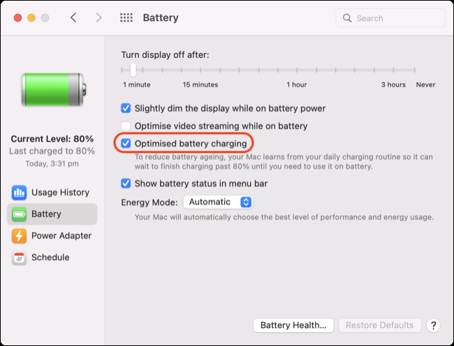 Charge optimisée dans les préférences de la batterie macOS