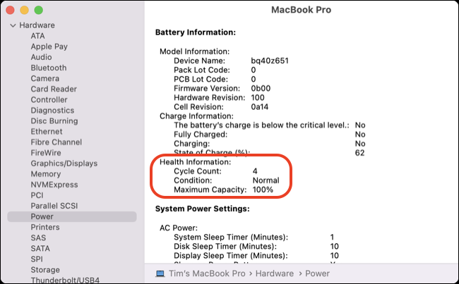 Trouver le nombre de cycles dans le rapport système macOS