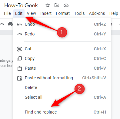 Clique em Localizar e substituir no menu.