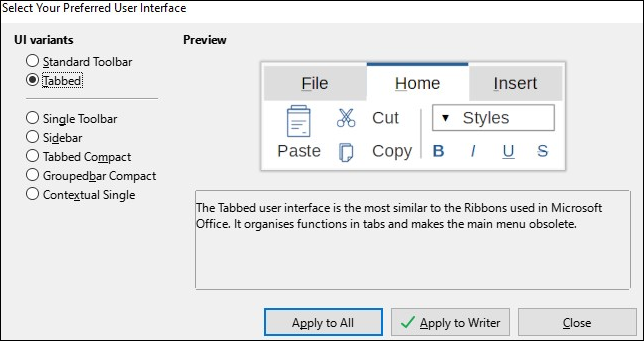 Selezionare la barra degli strumenti o il tipo di barra multifunzione in LibreOffice