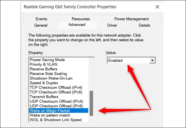 Setările pachetului magic din fereastra de proprietăți a controlerului Ethernet.