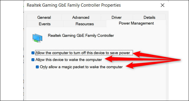 قم بتمكين إعدادات Wake-on-Lan هذه في إدارة الأجهزة.