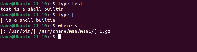 Trouver les différents types de commandes [ et de test