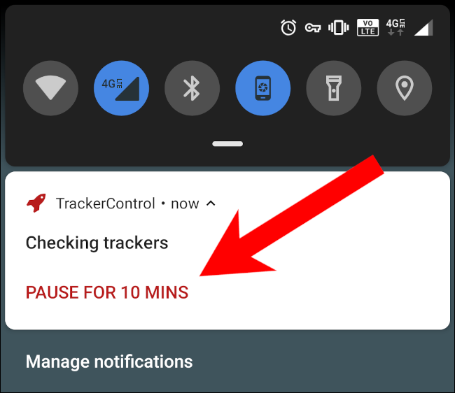 Tocca "Pausa per 10 minuti" nella notifica di TrackerControl