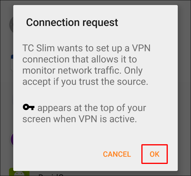 TrackerControl'ün VPN'sini kurmasına izin vermek için "Tamam"a dokunun