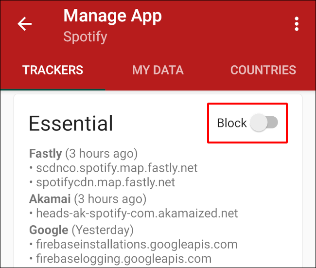 Disabilita i tracker essenziali per un'app