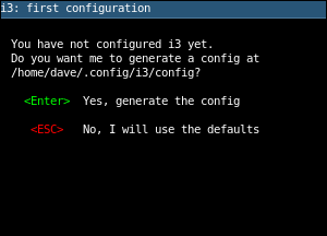首次啟動 i3 對話框詢問是否創建配置文件