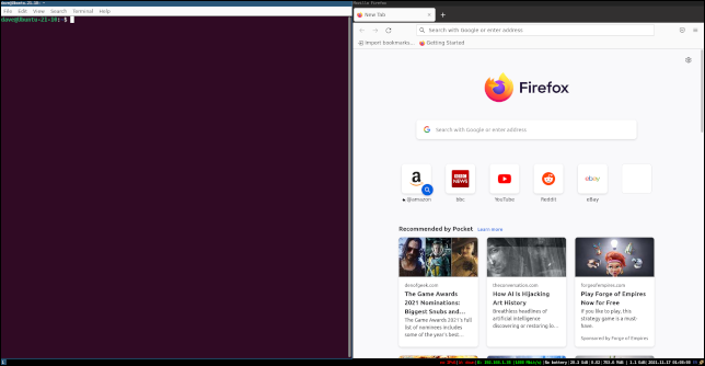 Firefox ve yatay bölmeli bir terminal penceresi