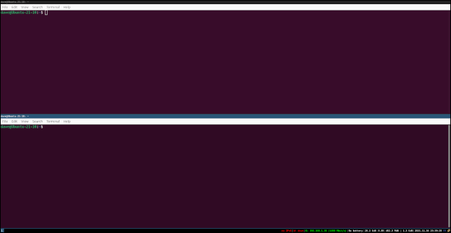 Duas janelas de terminal com uma divisão vertical