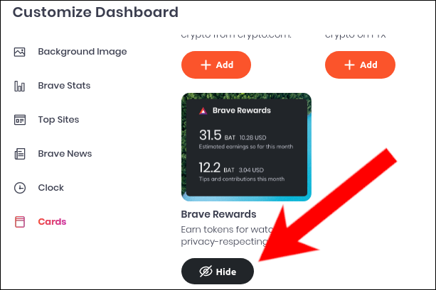 Faceți clic pe „Ascunde” pe fiecare card pe care doriți să îl dezactivați.