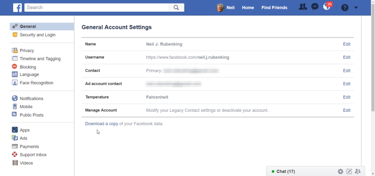 Impostazioni dell'archivio di Facebook