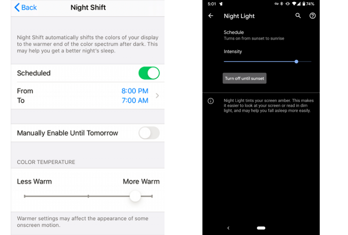 การตั้งค่า Night Shift ของ iPhone และการตั้งค่า Night Light ของ Android