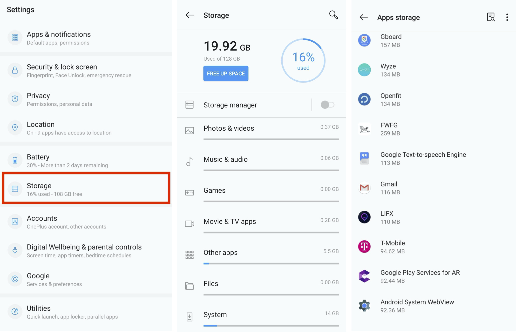 Paramètres de stockage Android