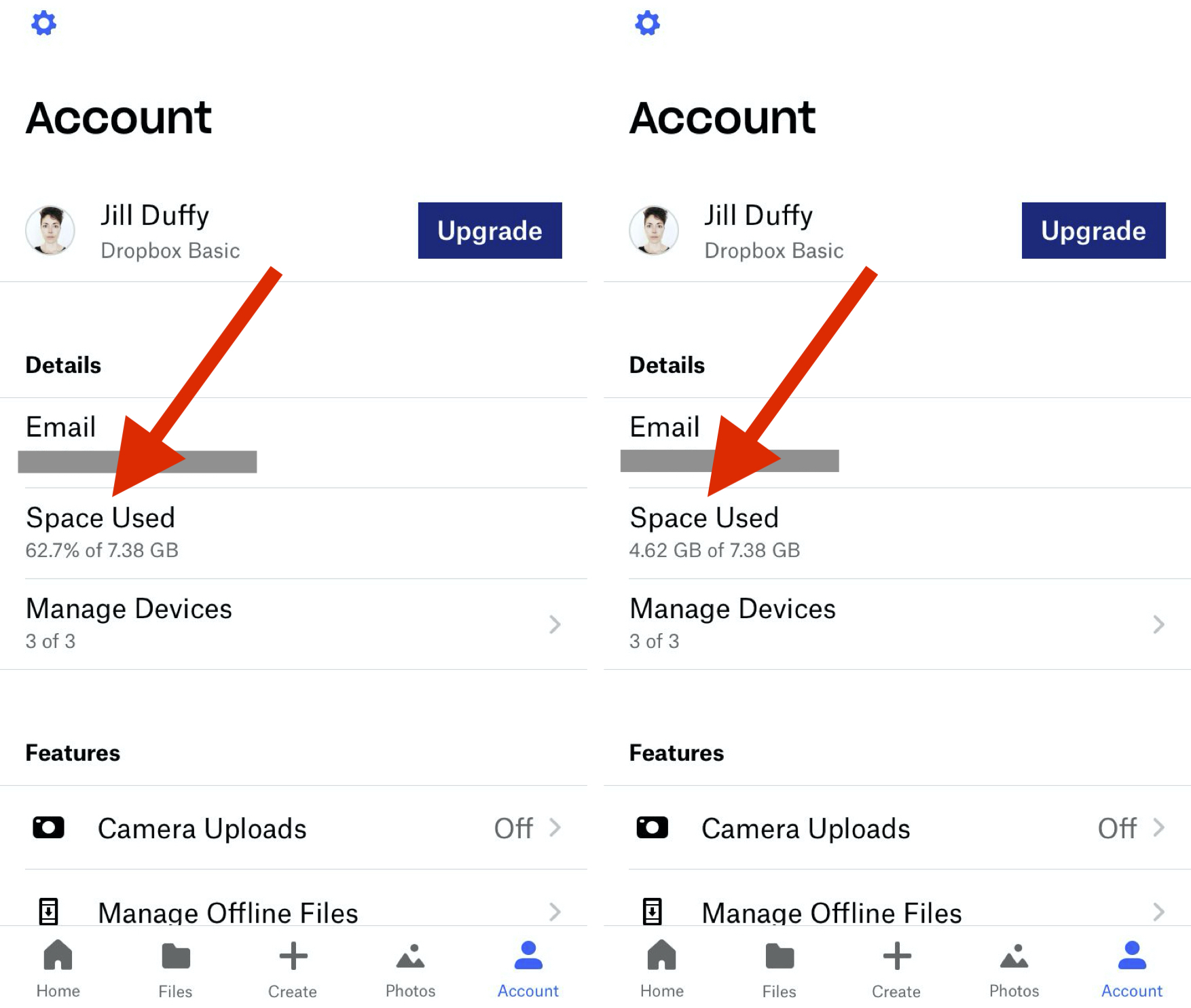 Paramètres de stockage mobile Dropbox