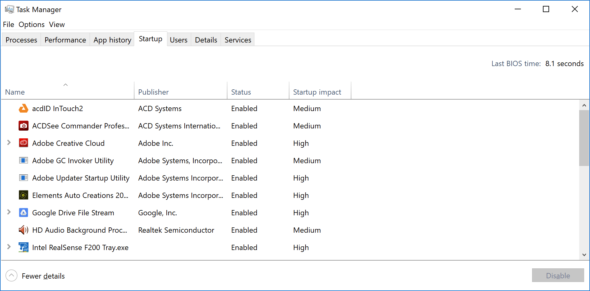 Процессы запуска в диспетчере задач Windows 10