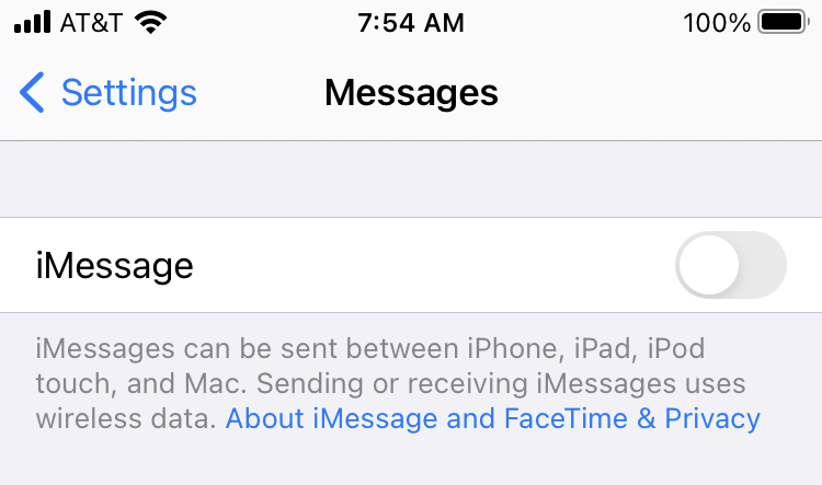 Desative o iMessage no menu Configurações da Apple