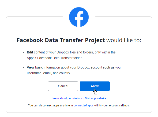 FacebookにDropboxに必要な権限を与える