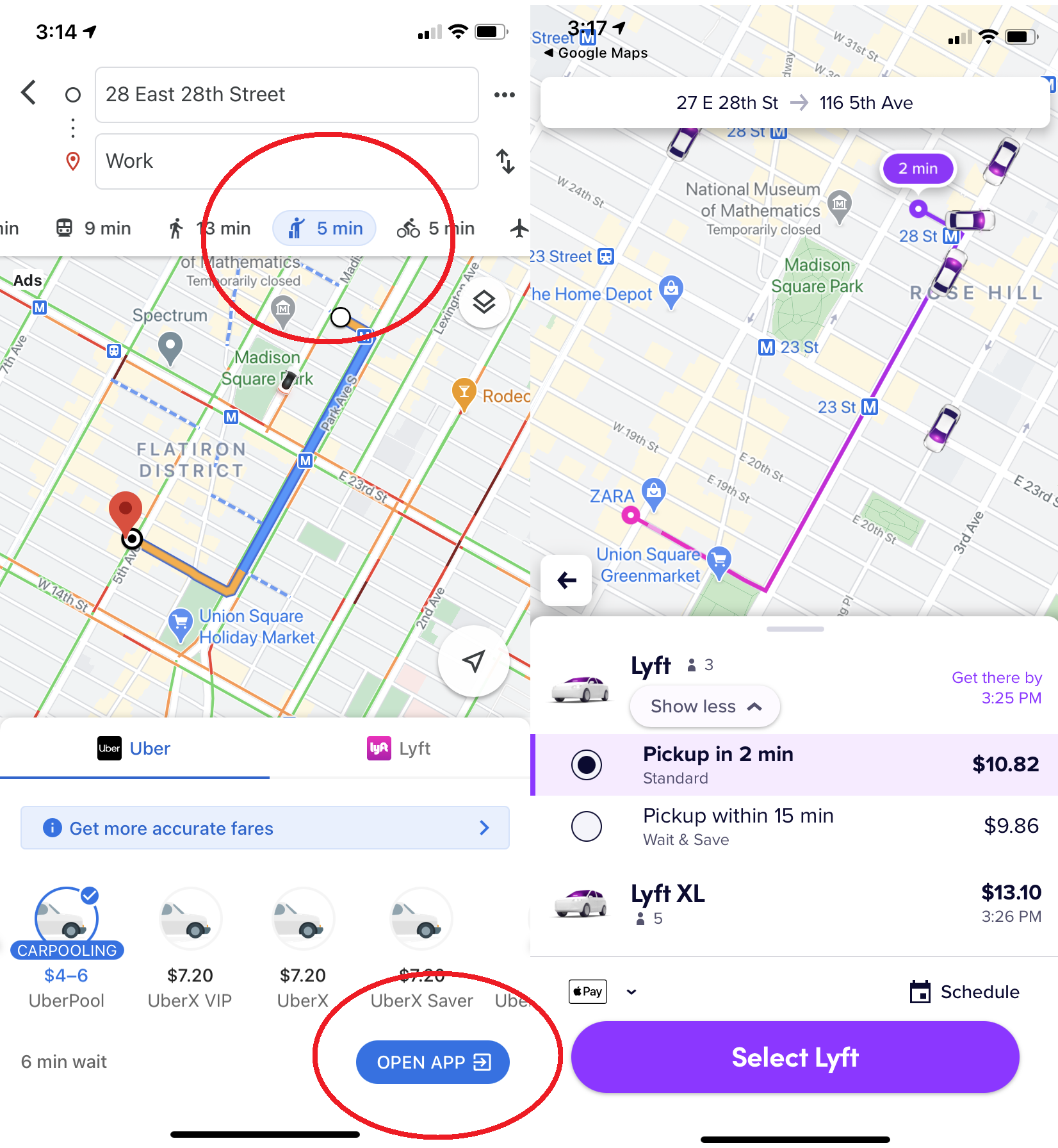 Google 지도 앱과 Lyft 앱의 Uber 및 Lyft 옵션 스크린샷