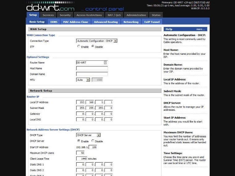 Снимок экрана страницы настройки DD-WRT DHCP