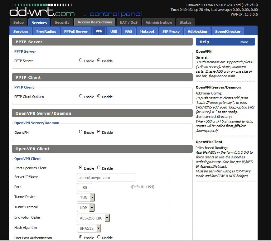 Страница настройки DD-WRT OpenVPN