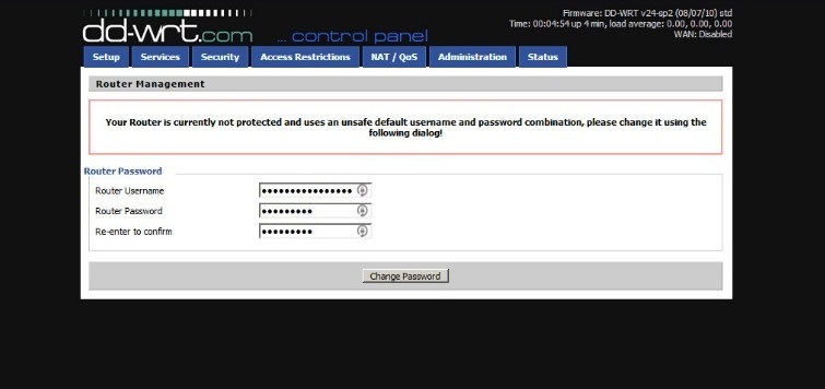 Снимок экрана страницы настройки DD-WRT