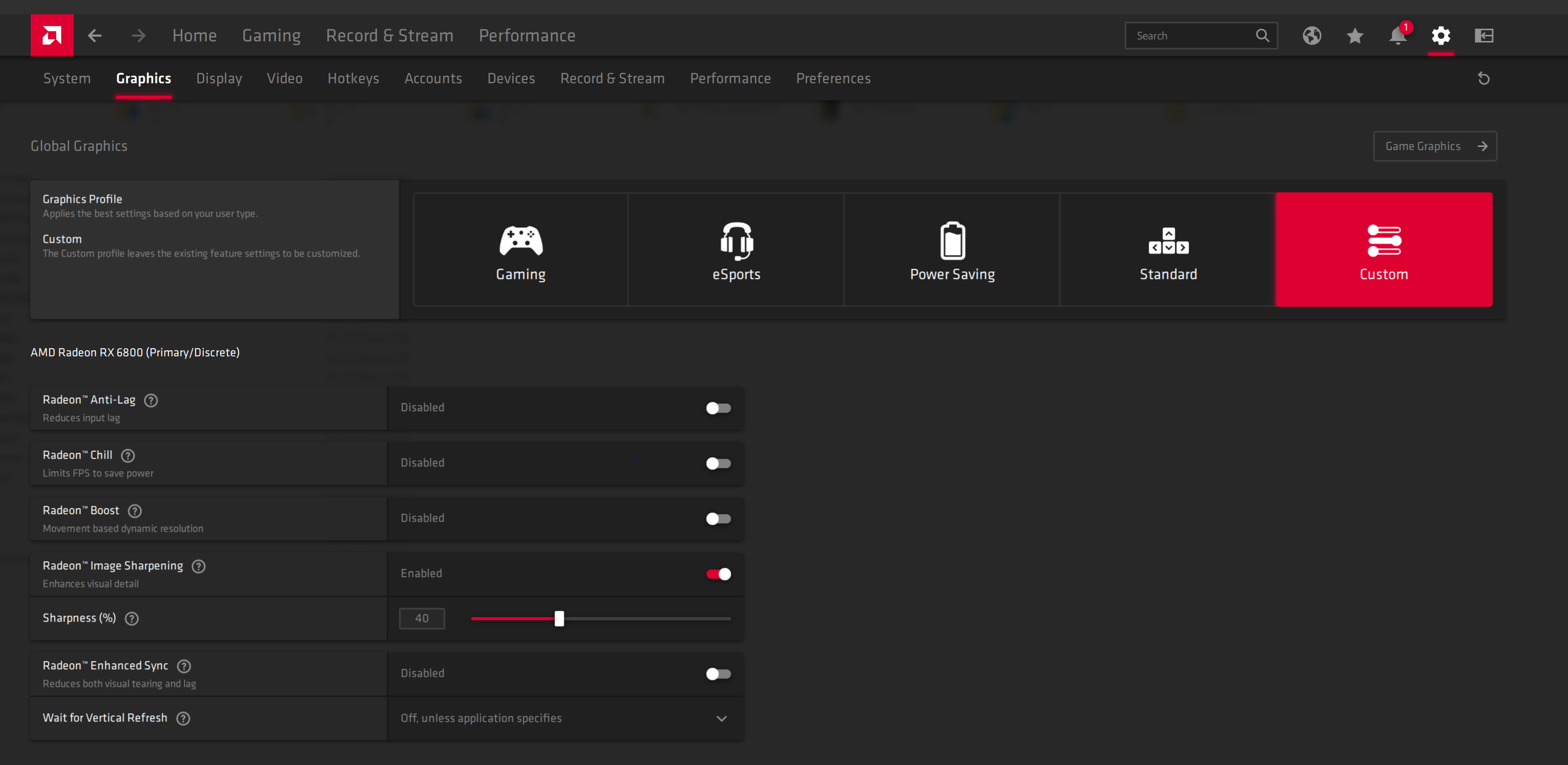 Painel de nitidez de imagem Radeon