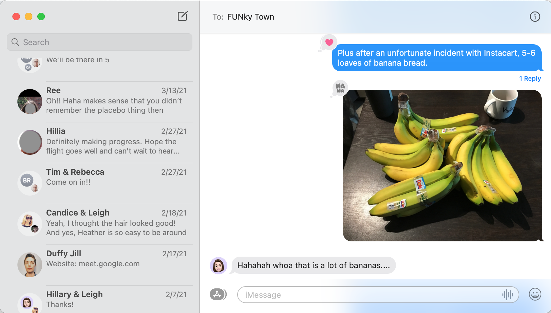 Czat Apple iMessage ze zdjęciem bananów