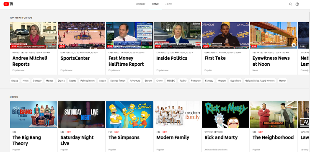 เว็บอินเตอร์เฟสของ YouTube TV