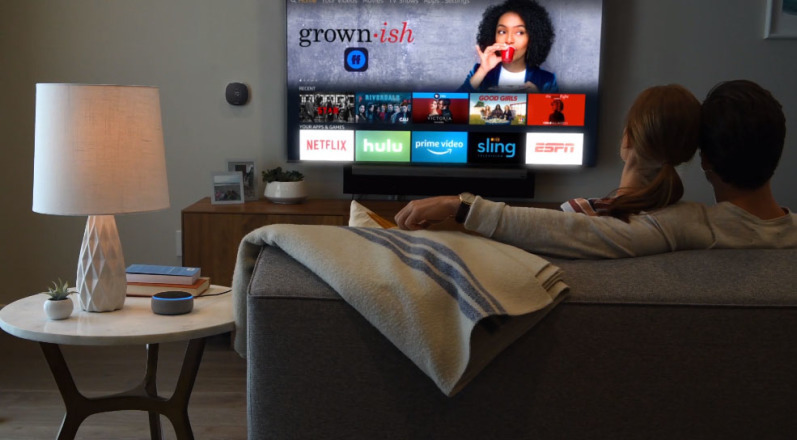 Ruang tamu dengan pasangan di sofa, Alexa di meja, dan pilihan streaming di TV
