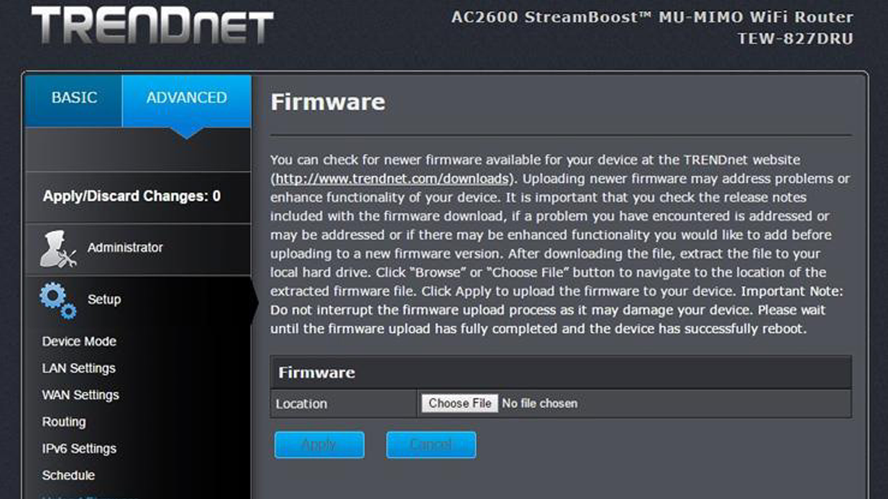 Captura de pantalla de actualización del firmware del enrutador