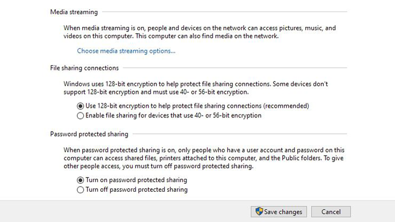 Capture d'écran des paramètres Windows pour le partage de mot de passe réseau