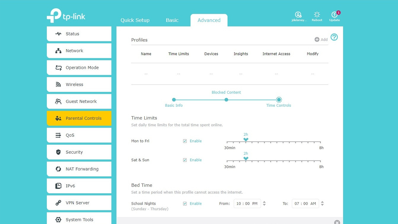 Controles parentales en la captura de pantalla de la aplicación web TP-Link