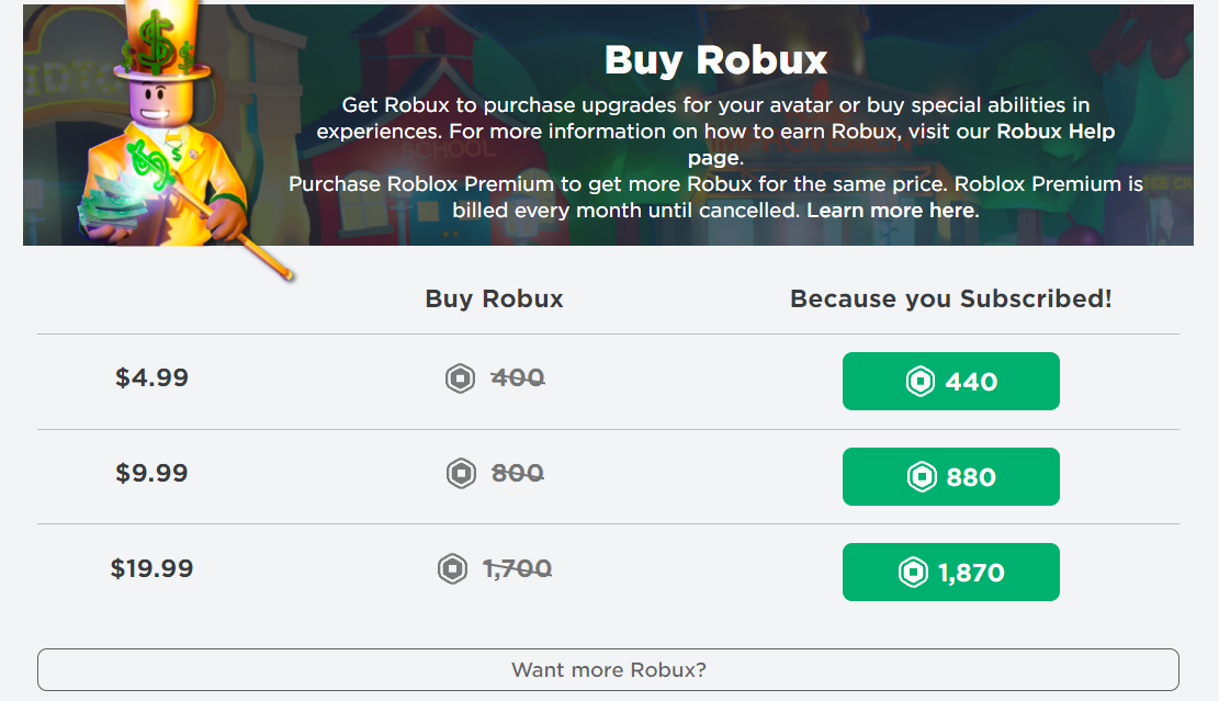 Kauf von Robux von der Roblox-Website